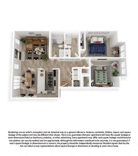 Floor plan for 2 beds, 2 baths, 975 sqft